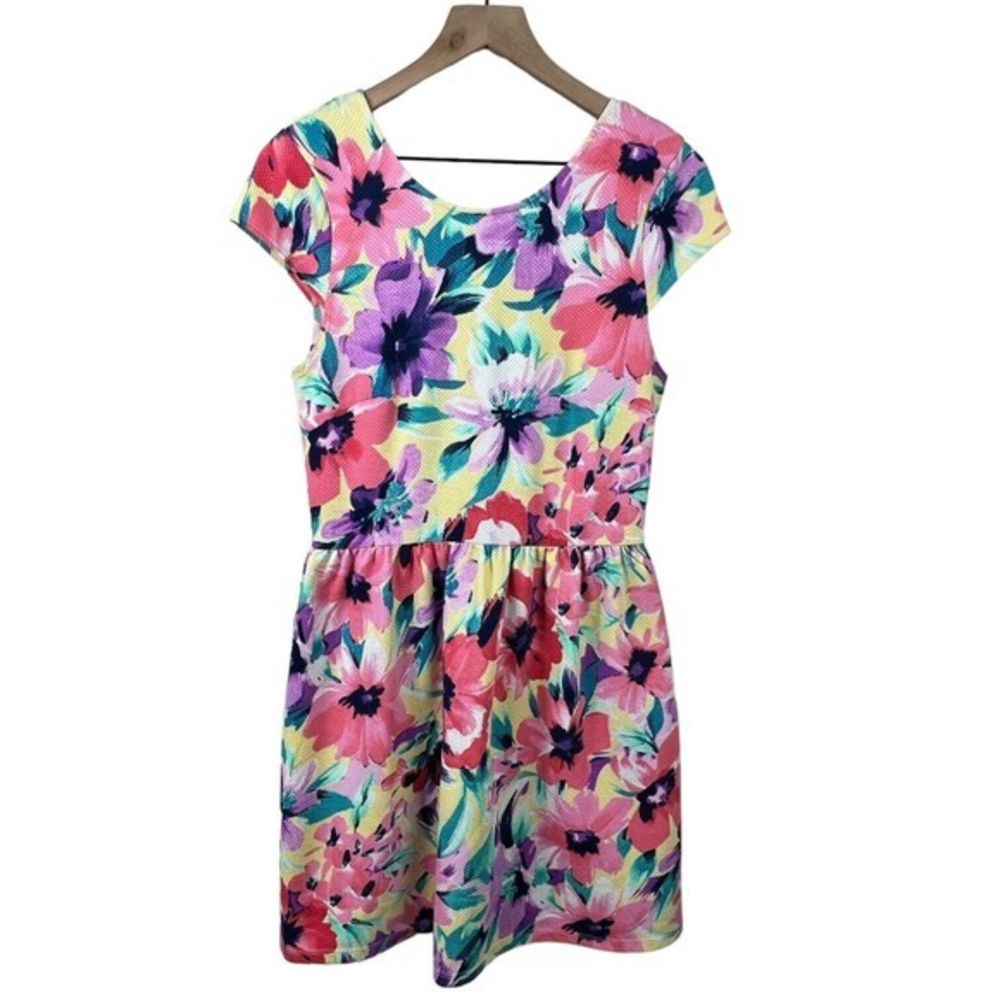 Everly Womens Multicolored Floral Cap Sleeve Fit And Flare Mini Dress Size Large